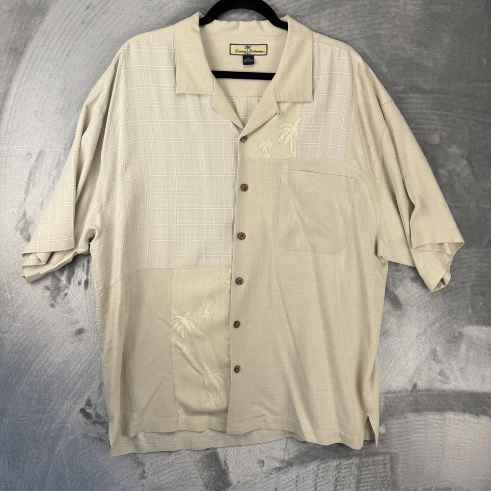 Tommy Bahama Relax Mens XL Silk Button Down Shirt Beige Palm Tree Embroidered